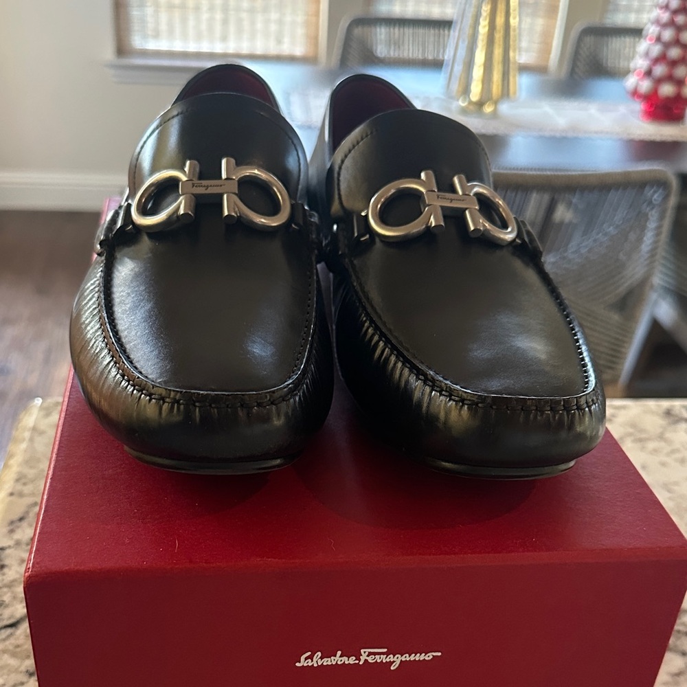 Salvatore Ferragamo Black Leather Nero Calf Rouge Slip-On Loafers